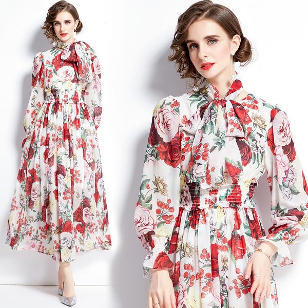 

dress female pattern temperament famous lady's early autumn french thin long skirt first love light extravagant printing large, Black;gray