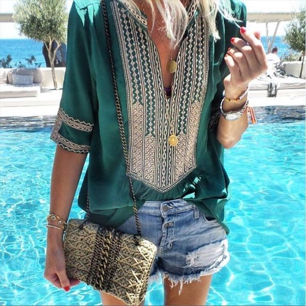 

ethnic style striped womens t shirt v neck casual half sleeve plus size 5xl, White