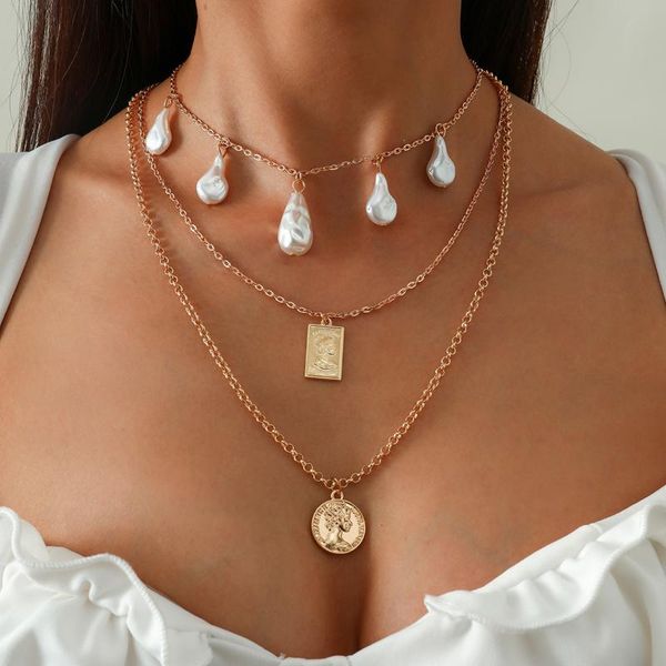 

chains ingesight.z imitation pearl tassel choker necklaces collar multi layered carved coin portrait pendant necklace for women jewelry, Silver
