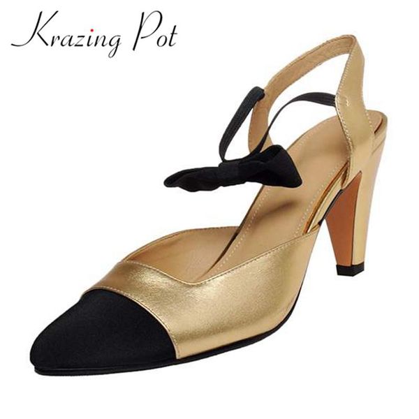 

sandals krazing pot genuine leather pointed toe high heel tapered mixed colors butterfly-knot basic slip on women shoes l50, Black