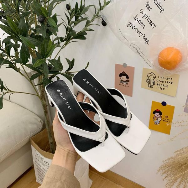 

spring summer slippers women fashion female high heel slides square toe heels sandals ladies flip flops shoes woman, Black