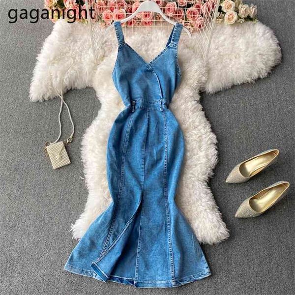 

womens summer denim dresses v neck slim spaghetti straps jeans back split bodycon long trumpet 210601, Black;gray