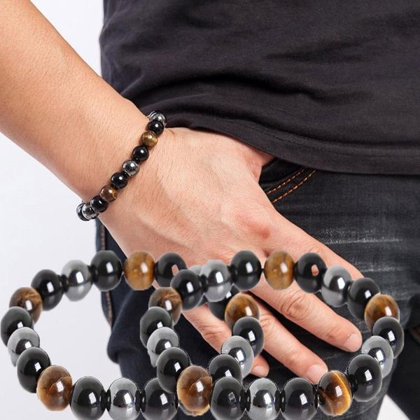 

charm bracelets natural obsidian men and women couple beaded bracelet magnet tiger eye lucky safe jewelry, Golden;silver