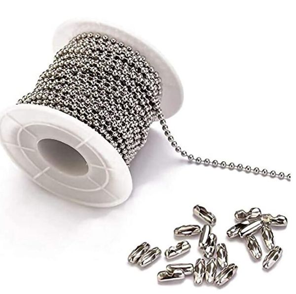 Collana con catena a sfere in acciaio inossidabile da 100 metri con 20 fermagli per connettore Set di perline in argento (larghezza catena 1,5 mm/2 mm/2,4 mm