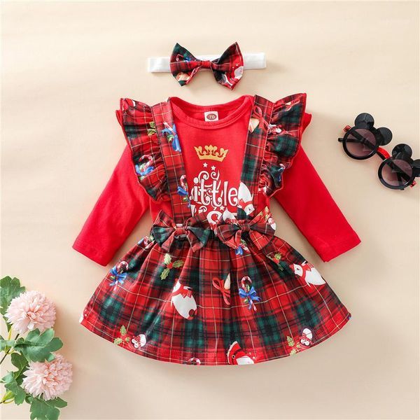 

clothing sets 3pcs 0-24months baby girls christmas clothes sets,crown letter print long sleeve o-neck playsuit+plaid overalls+bowknot headba, White
