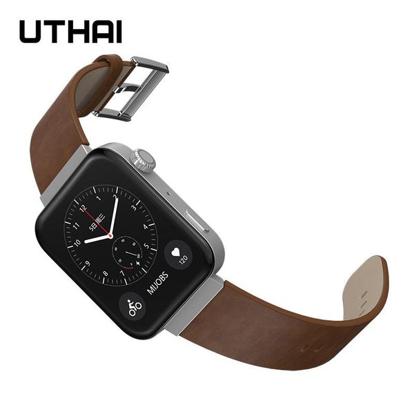 

watch bands uthai p83 watchband cowhide strap 18mm for mi first layer leather quick release spring bar, Black;brown