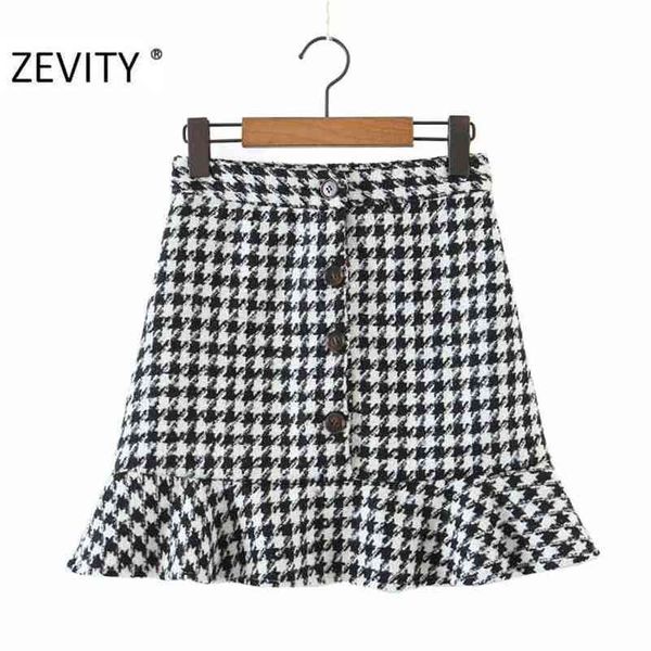 

women vintage houndstooth print hem ruffles casual slim skirt faldas mujer office lady breasted woolen vestido qun704 210420, Black
