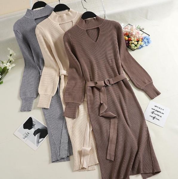 

casual dresses fall basic knitting dress outfit women temperament slim bodycon ladies solid color long sleeve halter pencil, Black;gray