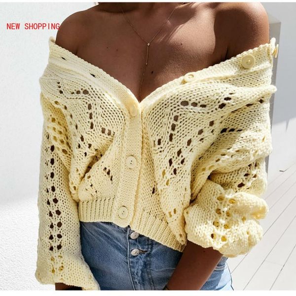 

women's knits & tees fashion blue hollow out womens cardigans autumn winter round neck button up knitted sweaters ladies casual knitwea, White