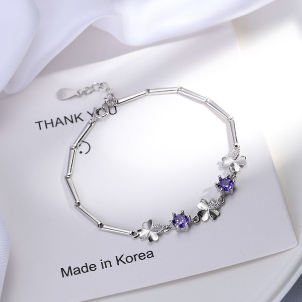 

yiwu commodity 925 silver clover amethyst bracelet, Black