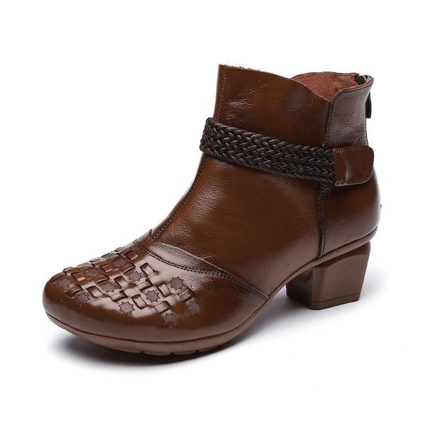 

boots 2021 vintage genuine leather women shoes thick sole zip autumn winter warm short ankle for motorcycle, Black