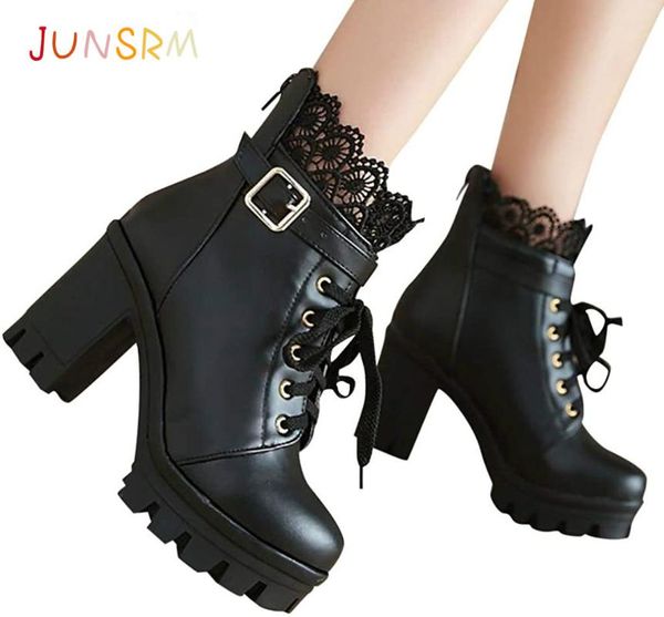 

boots 2021 women fashion women's thick high heel lace up ankle platform student shoes outdoor comfortable ladies boot, Black