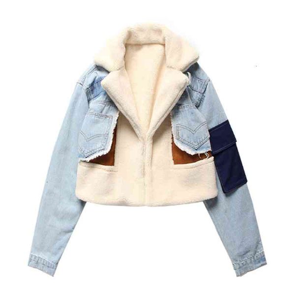 

jackets autumn winter loose fit fashion patchwork lambswool denim jacket coat women lapel long sleeve jean suede lamb wool overcoat, Black;brown