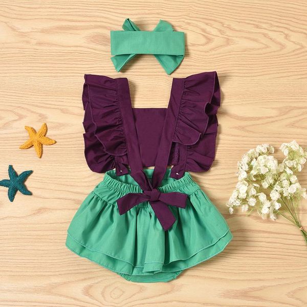 

jumpsuits infant baby girls green solid color ruffled sleeveless backless romper bodysuit+headbands outfits girl boy bodysuit body suit, Blue