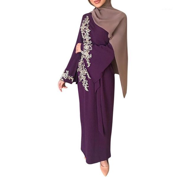 

ethnic clothing women muslim dubai abaya long sleeve maxi dress floral lace beading splice turkey hijab robe kaftan islamic, Red