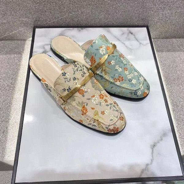 

slippers women print embroidery low heels female sandals metal chain decoration square toe ladies summer shoes casual 2021, Black