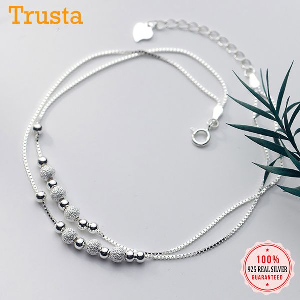 

trustdavis authentic 925 sterling silver simple frosted bead double layer box chain anklet for women summer s925 jewelry yq133, Red;blue