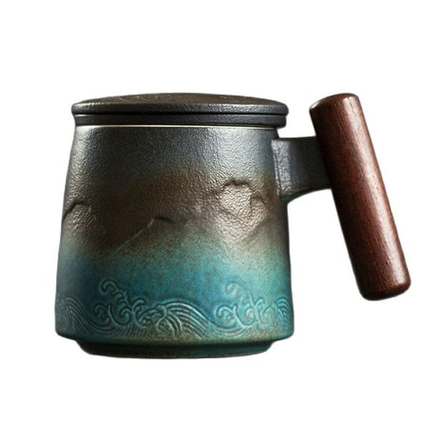 Керамическая ретро кофейная чашка чашка чашки чашки чашки чая с крышкой чашки и кружки деревянная ручка канеек подарка коробки подарка CM061 210804
