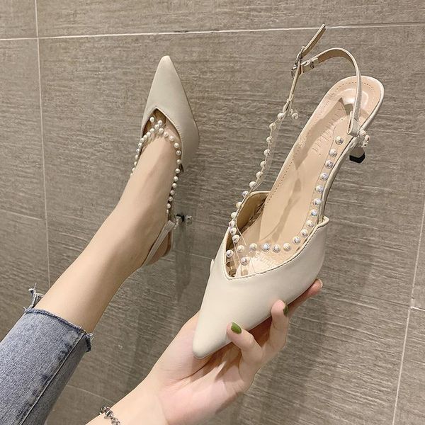 

sandals pointed heel clear shoes 2021 women's suit female beige med high stiletto comfort summer black pearl medium fas