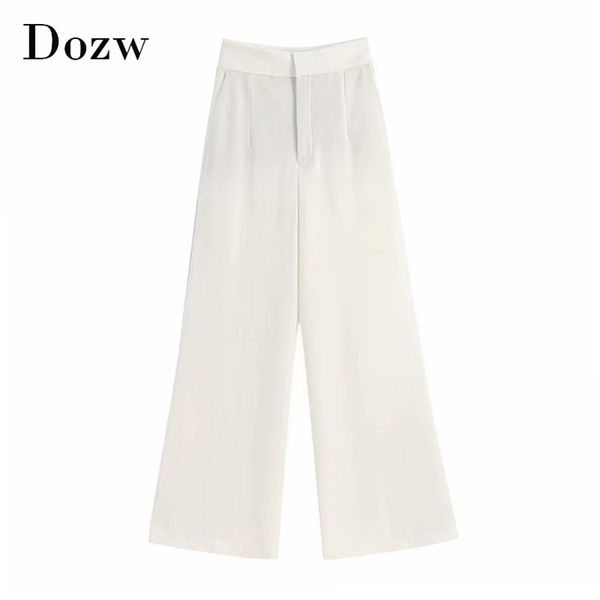 Elegante Mulheres Largura Perna Calças Alto Cintura Escritório Branco Pleated Loose Long Calças Lady Zipper Fly Work Wear Bottoms Spodnie 210515