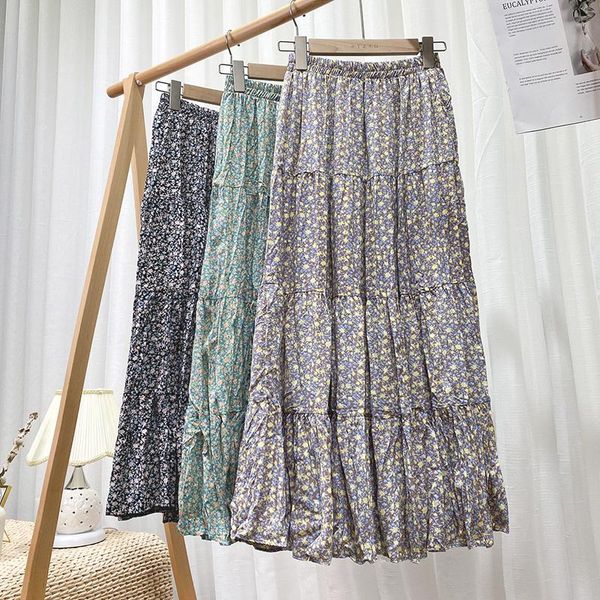 

skirts floral print vintage for women mujer faldas 2021 spring summer retro folds midi skirt female high waist thin a-line, Black