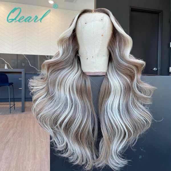 

lace wigs light grey with blonde highlights color front wig wavy human hair 13x4/13x6 glueless remy for women 26"28" qearl, Black;brown