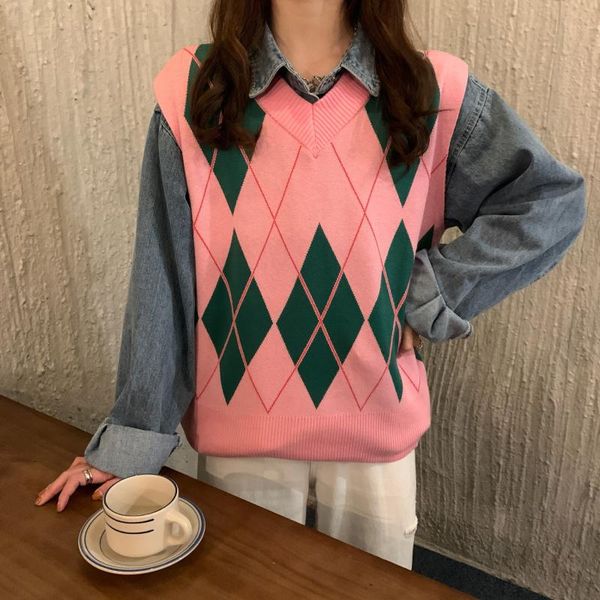 

women's vests 2021 sweater vest spring women vintage v neck sleeveless knitted pullover autumn lady pink loose geometric argyle, Black;white