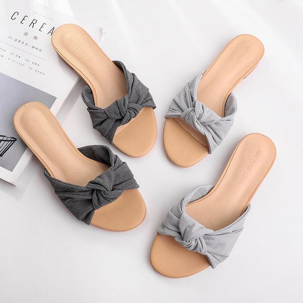 

slippers 2021 summer women slide sandals ladies bowtie casual beach outdoor flat, Black