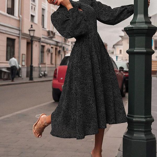 

casual dresses 2021 autumn winter dress women solid color dots fashion temperament high waist puttee long sleeve western style, Black;gray