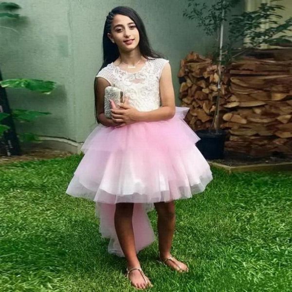 

girl's dresses high low puffy tulle flower girl dress lace appliques buttons v-back girls pageant gowns birthday, Red;yellow