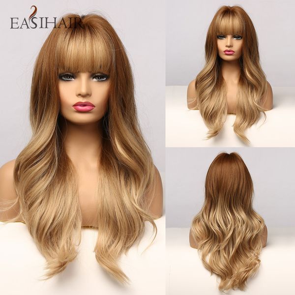 

long brown ombre wigs with bangs synthetic hair wigs for women wave heat resistant daily cosplay wig, Black