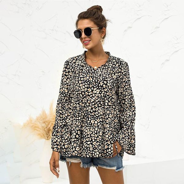 

women's blouses & shirts lantern sleeve fashion leopard print summer shirt women clothes v-neck wide loose casual street wear blouse, White