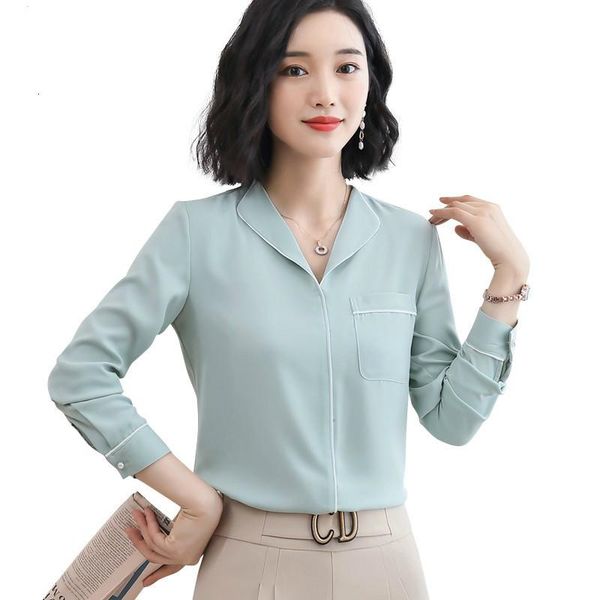 

maternity & tees fashion long sleeve shirt green women's light collar five pocket decoration silk office work high clothes, White