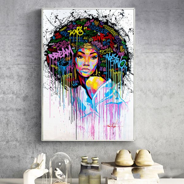 Modern Graffiti Sanat Tuval Resimleri Soyut Afrikalı Kız Posterler ve Baskı Tuval Siyah Kadın Cuadros Duvar Resimleri Ev Dekor