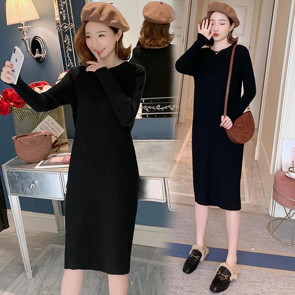 

casual dresses round neck fashion knitted long-sleeved straight solid color plus size dress 2021 autumn winter outer wear women, Black;gray