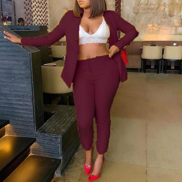 

women two pieces set blazer and pants office ladies fashion suits elegant work wear classy female autumn blue wine red pink piece dress, White