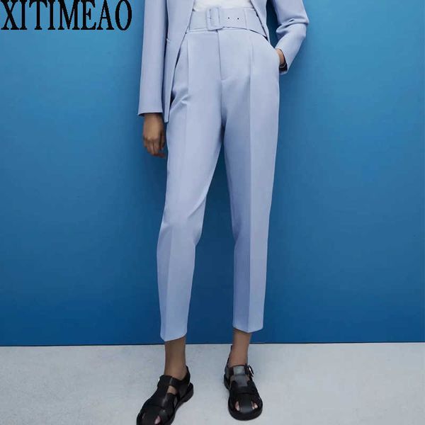 

za women chic fashion high waist with belt pants vintage zipper fly pockets office wear female ankle trousers 210602, Black;white