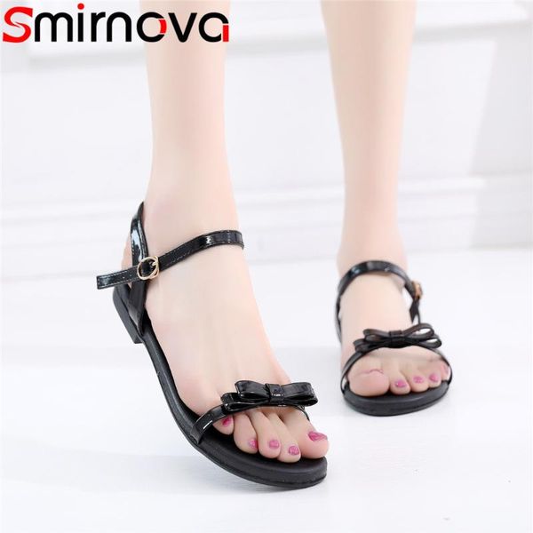 

smirnova 2021 summer arrive shoes woman black red simple comfortable sandals women buckle flat with bowknot ladies