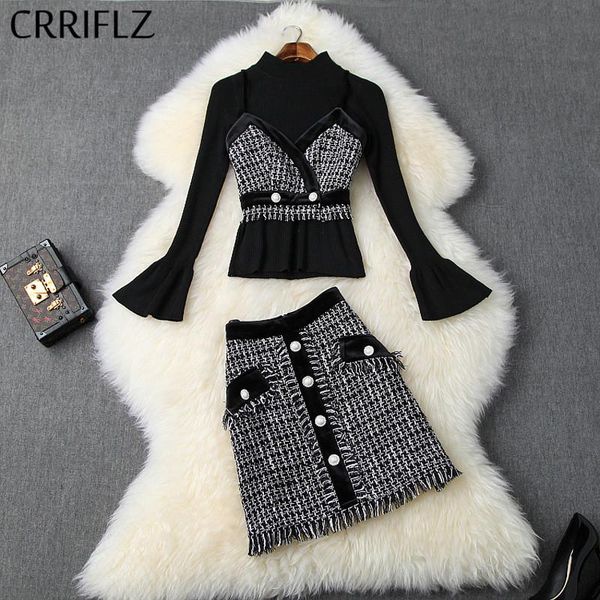

two piece dress winter women set flare sleeve stand collar pullover tweed buttons camis tassel skirt 3 patry, White