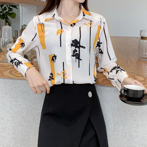 

women's blouses & shirts tree bird print comfortable long sleeve women chiffon office blouse shirt, White