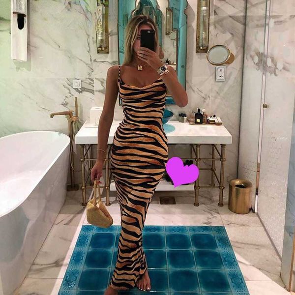 Летние сексуальные женщины разноцветные Zebra Skin Print Cami длинные платья спагетти ремешок без рукавов тонкая черт возьми, платья Bodycon Y1006