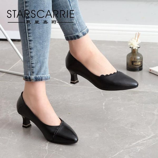 

dress shoes 2021 spring and autumn all-match summer style mid-heel soft leather small heel shallow stiletto, Black