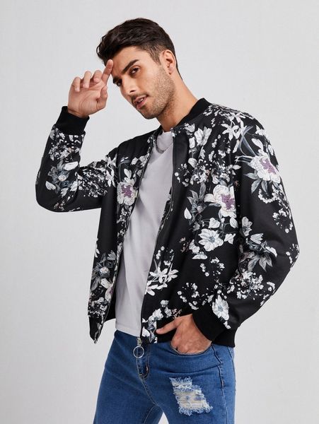 

men floral print bomber jacket q3ex#, Black;brown