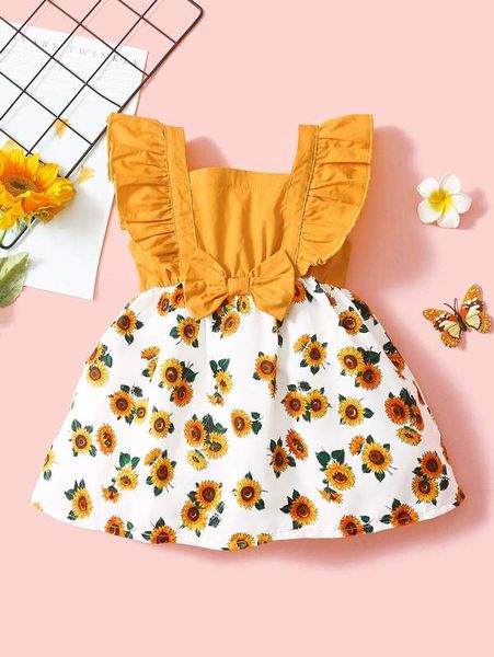 

baby girl sunflower print bow ruffle trim dress she, Red;yellow