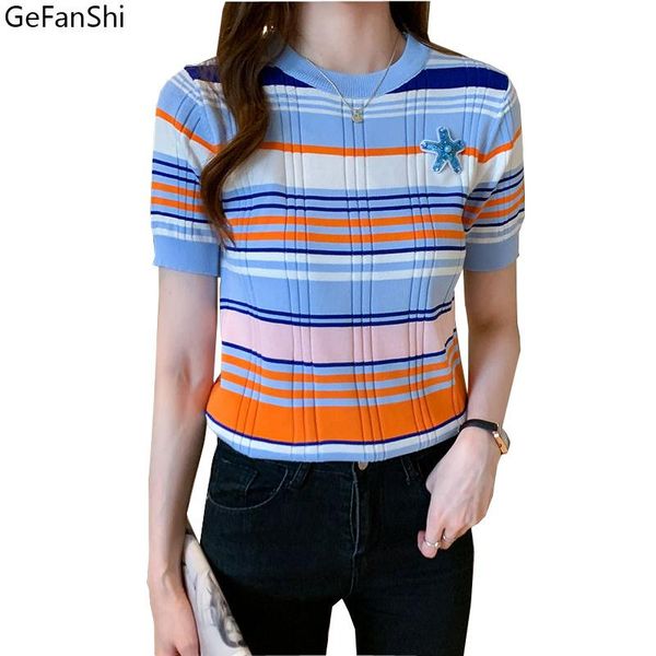 

women's t-shirt summer shirts women fashion short sleeve color striped o-neck kintted t-shirts female clothing ladies casual slim tees, White