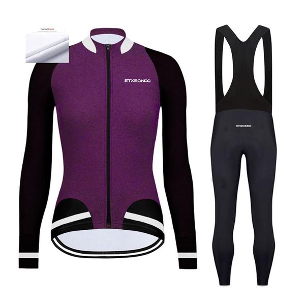 

etxeondo women thermal fleece cycling jersey set winter long sleeve warm bicycle wear mtb bike bib pants suit ropa ciclismo racing sets, Black;blue