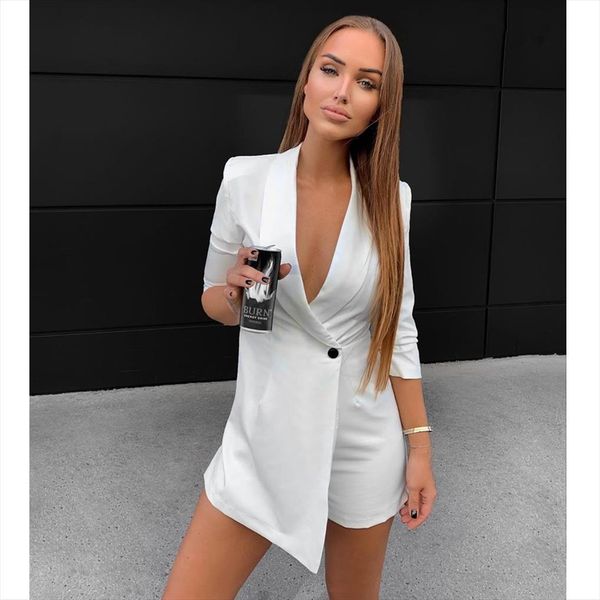 

playsuit blazer 3 4 sleeve womens rompers lapel solid button straight polyester casual fashion clothes, Black;white
