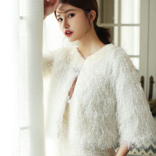 

wraps & jackets women faux fur winter wedding bridal jacket light champagne tassel sleeve lady coat warm o-neck outdoor daily elegant party, White