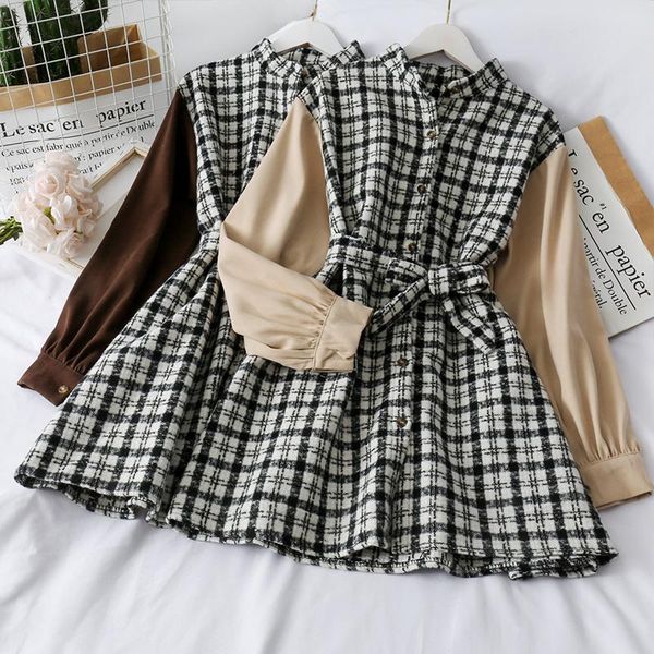 

casual dresses female a-line dress fashion women lace up long sleeves elastic waist ladies chic plaid patchwork button mini, Black;gray
