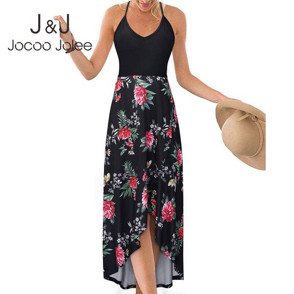 JOCOO Jolee Kadınlar Boho Çiçek Baskı Patchwork Uzun Elbise Seksi Kayış Kolsuz Maxi Elbise Vintage Artı Boyutu Sundress Parti Plajı 210518